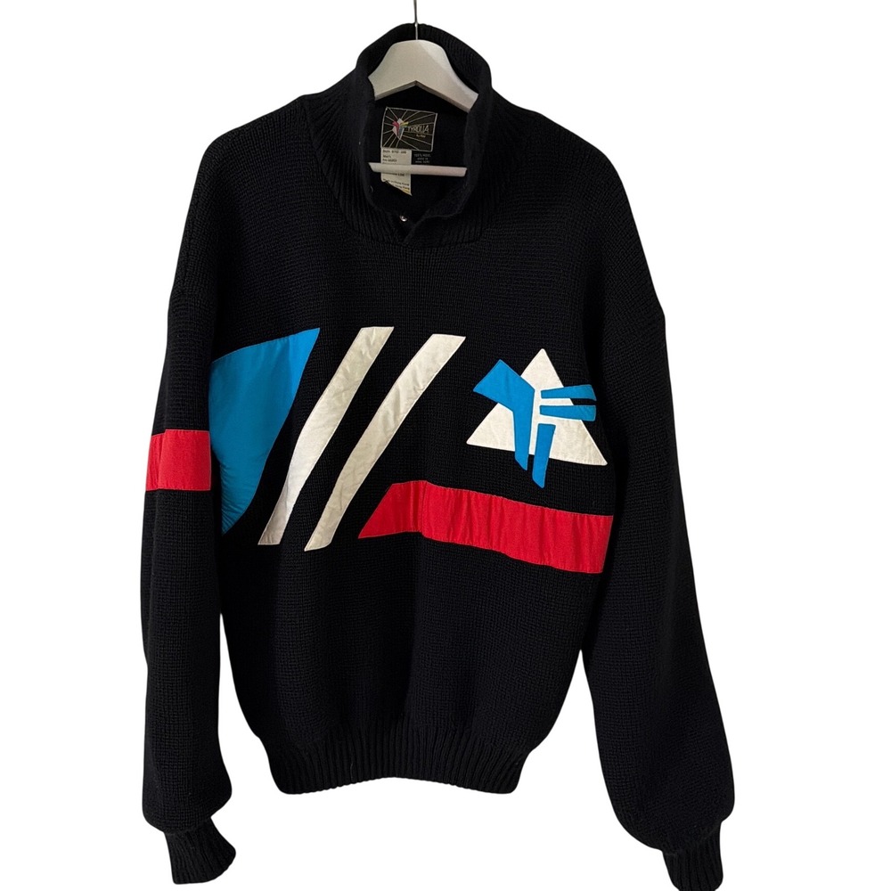 Tyrolia by Head Mens Vintage Wool Ski Sweater Black Colorblock Lined Large